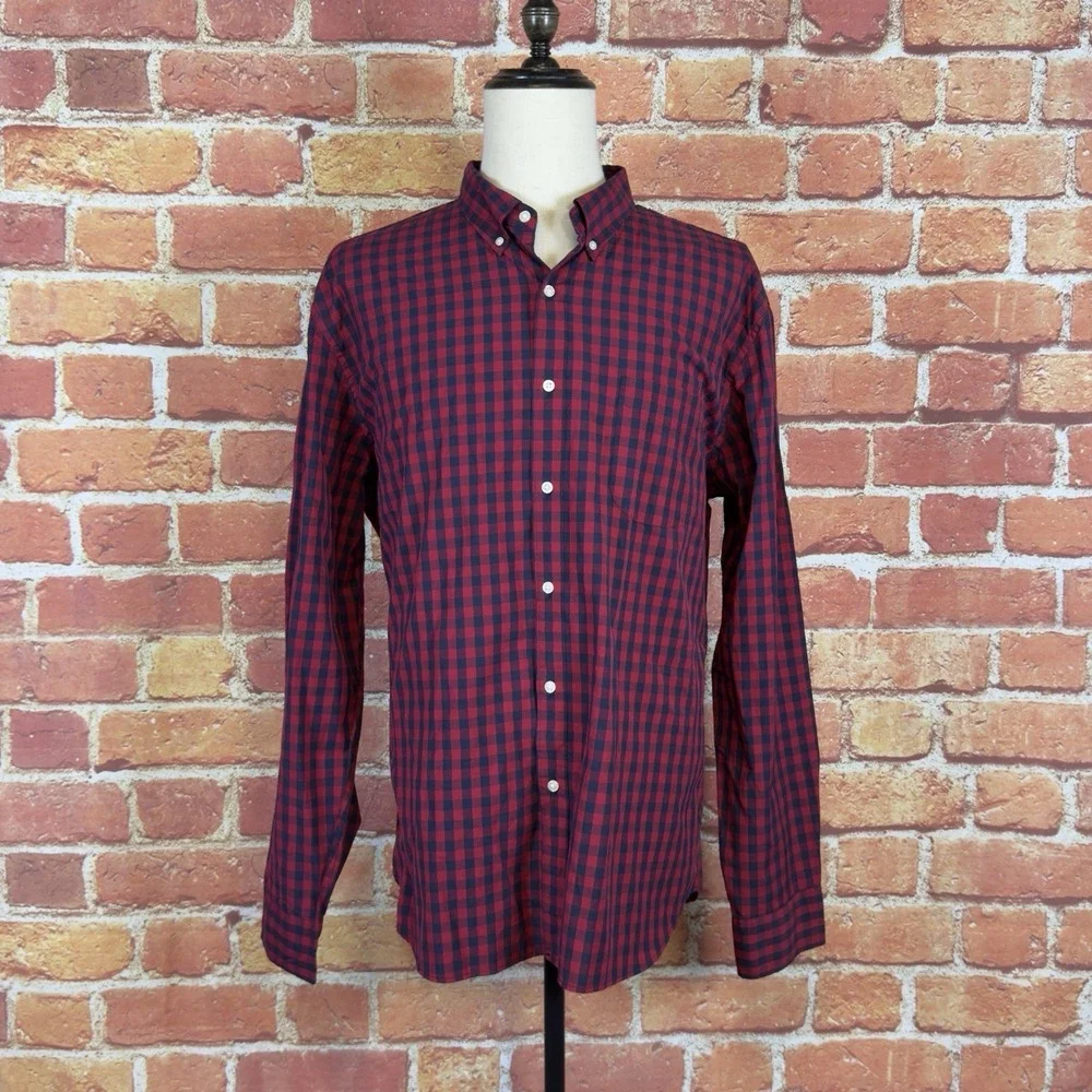 J Crew Mens XXL‎ Slim Fit Stretch Button Down Long Sleeve Shirt Navy Red Plaid